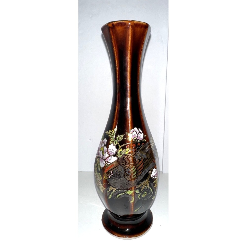 Vintage 8.25" Porcelain Brown W/Gold Trim Bud Vase Pheasant‎ Bird Scene Japan